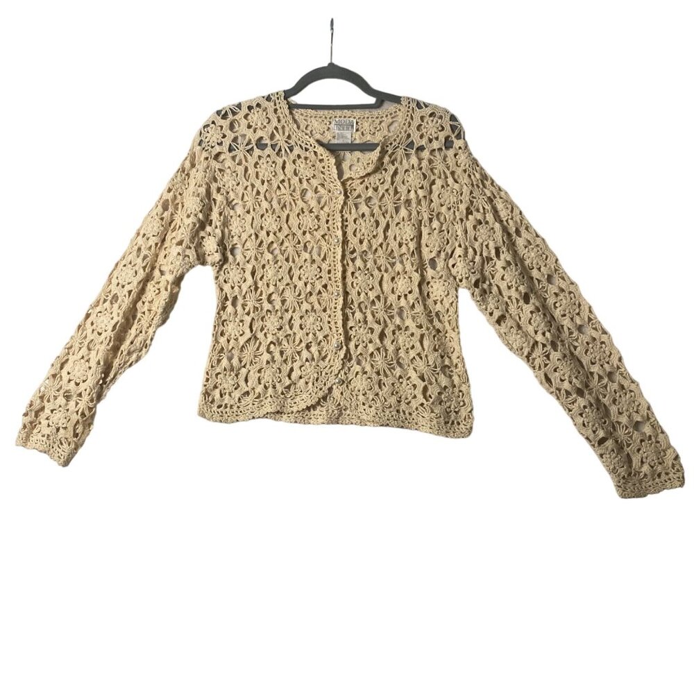 Vtg Moda Int'l Beige Boho Crochet Cardigan Sweater 100% Cotton Women Medium